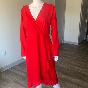 Red Long Sleeved Ruffle Wrap Midi Dress